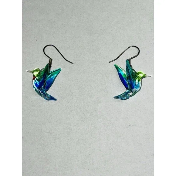 Artisan Glass Hummingbird Earrings Fishhook Back - Picture 1 of 9